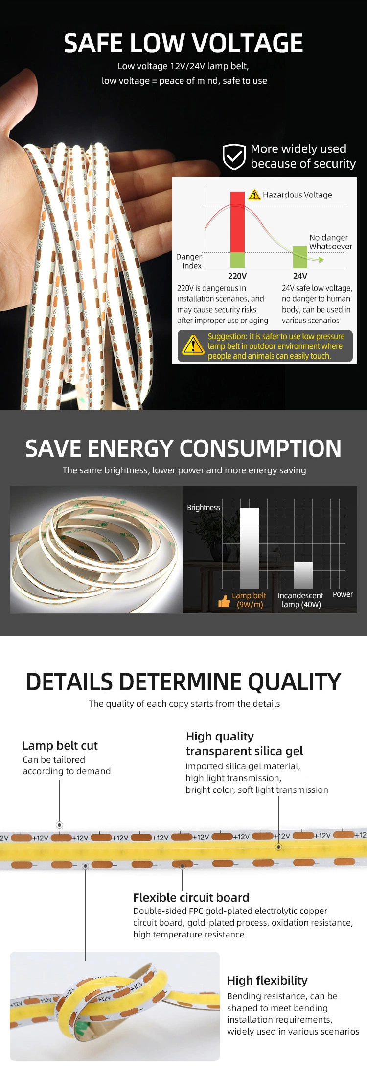 Dotless in Aluminum Profile Cut Size 8.33mm 480chips/M COB LED Strip Light LED Flexible Strip